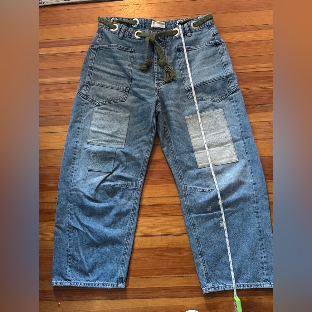 Free People Women's Boyfriend Jeans - Light Blue Denim with Olive Drawstring - Picture 8 of 11